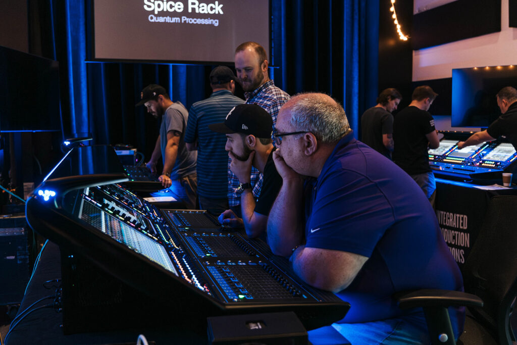 The DiGiCo training session held at IPS for Morrison Heights Baptist Church (left to right at the mixing console in the foreground): Wade Russell, IPS Executive Director of Integration; Brian Hanna, Morrison Heights Associate in Media; and Eric Busby, Morrison Heights Director of Media and Technical Ministries