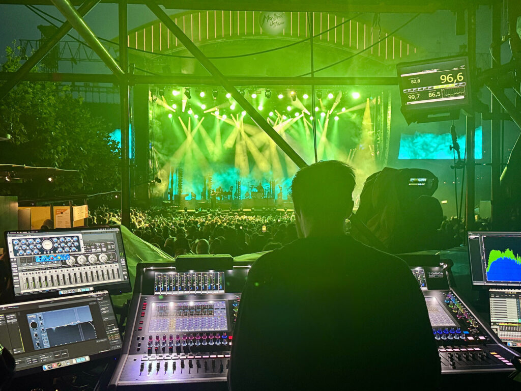 Donbavand manning FOH for Noah Kahan at Montreux Jazz Festival with his Oeksound Soothe Live plugin seen on the transform.engine display at lower left