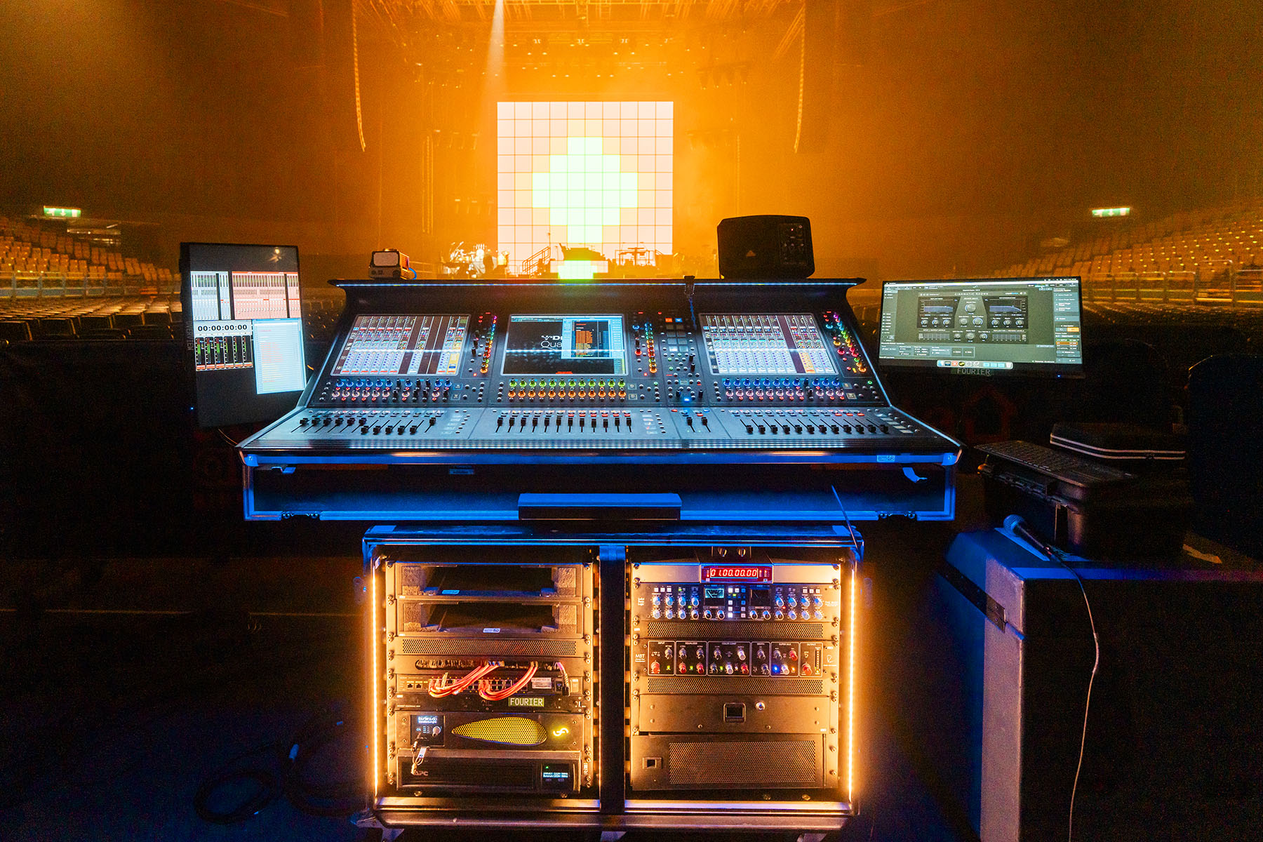 The Wonderment Tour’s Fourier Audio transform.engine in the lower left FOH rack is running LiquidSonics’ Cinematic Rooms plugin, seen on the external screen to the right.