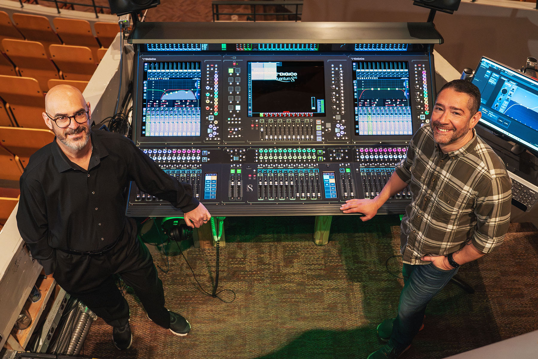 Colorado Symphony Head of Audio Aric Christensen (left) and Media Recording Engineer / A2 Joe Garcia Miranda at the new DiGiCo Quantum852 console and Fourier Audio transform.engine display showing oeksound’s Soothe Live plugin