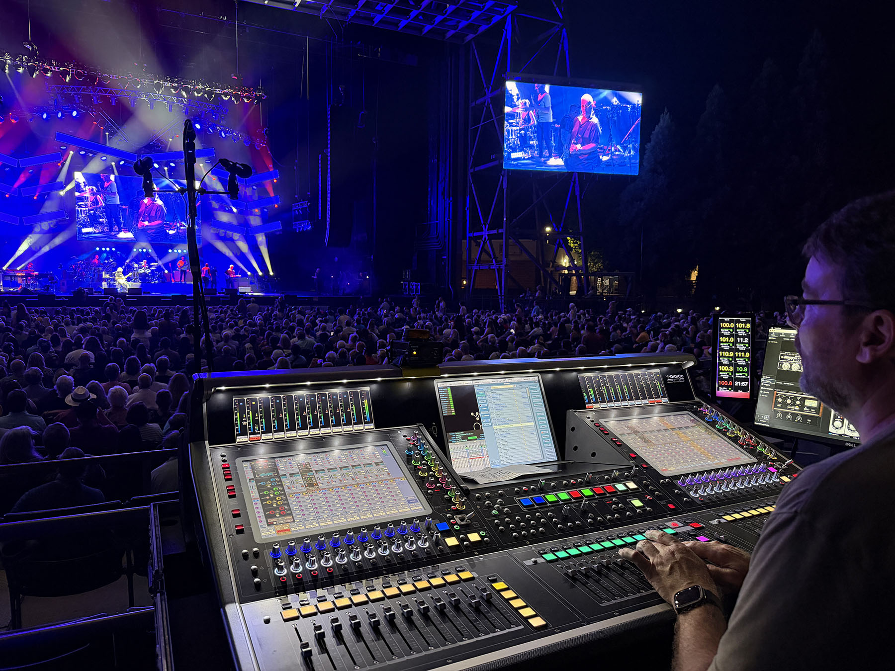 Sound engineer using DiGiCo Quantum 5 console and Fourier transform.engine in live performance
